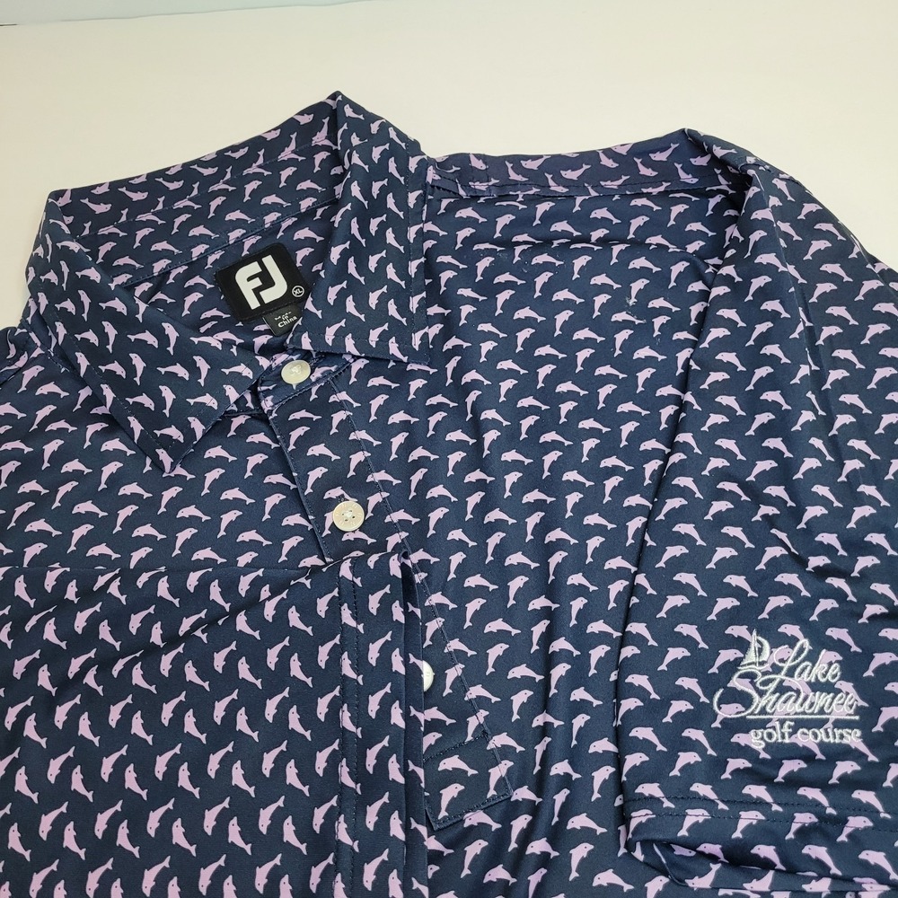 FootJoy Polo Shirt Mens XL Navy Blue Excellent Dolphin Print Golf Performance
